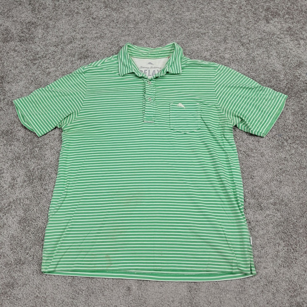 Tommy Bahama Relax Mens Medium Green White Striped Pima Cotton Polo Shirt Pocket